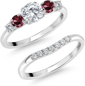 Gem Stone King 10K White Gold White Lab Grown Diamond and Red Rhodolite Garnet 5 Stone Bridal Engagement Wedding Ring Set For Women (0.85 Cttw, Round: 5MM and 3MM, Available in Size 5,6,7,8,9)