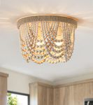 AZMASA Wood Beaded with Hemp Rope Bohemia Flush Mount Ceiling Light Farmhouse Small Chandelier Light Fixture for Bedroom Hallway Entryway Closet Kitchen Dining Room Living Room Nursery Room 3-Lights