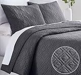 Hand-Quilted Quilt King Size Set, 100% Cotton Fabric, 3 Piece Charcoal Gray Quilt King Size Set With 2 Shams, All Season Lightweight Washable Quilt, Pre-Softened, Diamond Pattern (Charcoal)