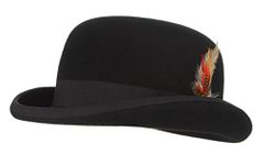 GEMVIE Men's Bowler Derby Hat Wool with Feather in Black, Black, Small