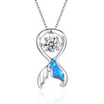 VANLAMS Sterling Silver Dancing Heart Opal Fishtail Cubic Zirconia Pendant Necklace for Women Girls Gifts (Blue)