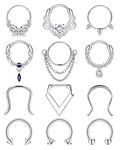 SAILIMUE 12Pcs 16G Septum Rings Surgical Steel Dangle Septum Piercing Jewelry for Women Septum Clicker Nose Rings Hoop CZ Horseshoe Cartilage Helix Tragus Daith Septum Piercing Jewelry Silver Tone 10MM