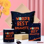 Jhingalala Gift for Daughter | World's Best Daughter Printed Cushion with Filler, Coffee Mug, Key Chain, Greeting Card | Combo Gifts for Daughter on Birthday, Daughters Day