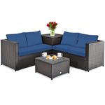 DORTALA 4-Piece Outdoor Patio Furniture Set, PE Rattan Conversation Set with Coffee Table, Storage Box & Loveseats, Sectional Sofa Set with Cushions for Backyard, Garden and Poolside, Navy