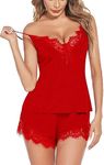 HiloRill Women's Net & Satin Solid Above Knee Pajama PJ Set | Babydoll | Night Suit for Honeymoon (374) (Red, Free)