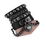 Perfect 4U Rivet Bracelet Multilayer Black Leather Cuff Heart Pendant Bangle Studded Chain Wrist Punk Sports Rock Bracelet Adjustable, 9 inch, Faux Leather