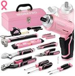 WORKPRO 75-Piece Pink Tools Set, 3.7V Rotatable Cordless Screwdriver and Household Tool Kit, Basic Tool Set with 13'' Portable Steel Tool Box for Home, Garage, Apartment, Dorm, New House - Pink Ribbon