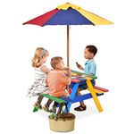 Maxmass Kids Picnic Table Bench Set, Children 4 Seat Activity Play Table with Removable & Folding Umbrella, Wooden Table & Chair Sets for Garden, Courtyard, Home, Lawn (79 x 71 x 53cm, Colorful)