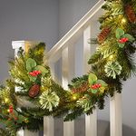 SHareconn 9FT Pre-Lit Artificial Christmas Garland,with Red Berries and Pine Cones,with Warm white and Multi-Color Lights & Timer Function, for Xmas Decoration, Green
