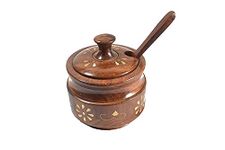 CraftsCollectionStore Wooden Sugar Pot, Salt Pot, Spice Pot, Pickle Jar, Jam Jar Masala Box & Multi use Pot, Jar, Containers & Bowl with Spoon, Use for Kitchen & Dining (Brass Work Design)