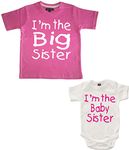 Edward Sinclair Set Bubblegum Pink T Shirt 3-4 Years 'I'm The Big Sister' and White Bodysuit 6-12 Months 'I'm The Baby Sister' in Hot Pink Print