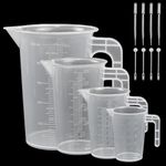 ADERTOS Measuring Jugs Set 50ml 100ml 250ml 500ml Clear Plastic Measuring Jugs Lab Graduated Beaker Measuring Cup with 4 PCS 3ml Pipettes Dropper, 4 PCS Stirrer Sticks for Kitchen Cooking Baking