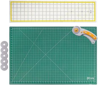 WA Portman Rotary Cutter Set & Cutting Mat for Sewing - 45mm Rotary Cutter for Fabric & 5 Blades - 24x36 In Fabric Cutting Mat - 6x24 In Acrylic Ruler for Cutting Fabric - Rotary Cutter and Mat Set