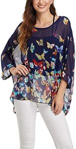 Vanbuy Womens Butterfly Print Batwing Sleeve Top Chiffon Poncho Flowy Loose Sheer Blouse Shirt Tunic Z336-43-4368