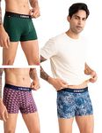 DAMENSCH Men's Regular Fit Printed Cotton Trunks | Combed Cotton, Stretchy Fabric Underwear for Men, Trunks for Men, Boxer Briefs for Men,Mens Underwear-Forest Biome,Soft Chambray,Tulipwood-L