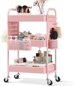 TOOLF 3-Tier Utility Cart, Metal Rolling Storage Cart with DIY Pegboards, Art Craft Trolley with Baskets Hooks, Organizer Serving Cart Easy Assemble for Office, Bathroom, Kitchen, Kids' Room, Pink