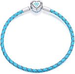 FOREVER QUEEN Genuine Blue Braided Leather Bracelet with 925 Sterling Silver Snap Clasp Charms CZ for Women Teen Fits European Beads Charm, 8 3 inch, Sterling Silver Leather