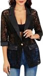 WDIRARA Women's Floral Lace Mesh One Button Lapel Neck Long Sleeve Elegant Jacket Blazer Black Mid Sleeve XS