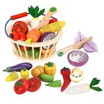 Smartwo Wooden Play Food Set Montessori Toys,Cutting Pretend Play Food Toys with Basket,Kids Play Kitchen Accessories,Educational Cutting Vegetables Toys for Toddlers 3 4 5 Year Old Girls Boys