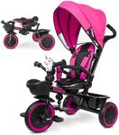 KRIDDO 7-in-1 Tricycle Stroller for Toddlers 18 Months to 5 Years, Adjustable Push Handle, Rotatable Seat, Cup Holder and Retractable Canopy, Folding Baby Trike w/Detachable Guardrail, Footrest, Pink