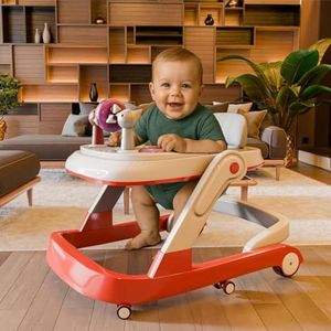 Cockatoo First Move 3-in-1 Baby Walker – Adjustable Height (3 Levels), Rocker, Push & Activity Walker with Musical Toy Tray & Light, 6 Lockable Wheels, Foldable, Safe for 6-18 Months, up to 15kg Red