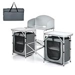 TANGZON Folding Camping Kitchen Table, Outdoor Portable Kitchen Storage Table with Windshield & Carry Bag, Mesh-Door Storage Cupboard for Picnic BBQ Party, 172 x 48 x 110cm (Grey + Silver)