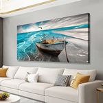 Beach Seascape Pictures Canvas Wall Art for Living room Bedroom or Bathroom Wall Decor,Blue Waves Wall Art Print Paitnings for home Decor,Boat and the Seagull Waterproof Stretched Ready to Hang-20x40inches