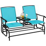 Giantex Patio Bench Glider Chair with Metal Frame, Center Tempered Glass Table, Outside Double Rocking Swing Loveseat for Porch, Garden, Poolside, Balcony, Lawn Rocker Outdoor Glider Bench (Turquoise)