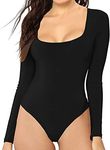 MANGDIUP Women's Scoop Neck Long Sleeve Basic Bodysuits Jumpsuits (Black, M)