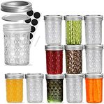 FRUITEAM 8 oz Mason Jars with Lids and Bands-Set of 12, Quilted Crystal Jars Ideal for Jams, Jelly, Kitchen Spice,Wedding Favors,DIY Gift, Fruit Syrups, Chutneys, and Pizza Sauce