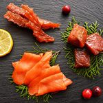 Smoked Salmon Lovers Gift Pack Basket Featuring 2 lbs Wild Pacific Canadian Salmon Lox and 1 lbs Salmon Nuggets Cured with Grade A Maple Syrup + 3 Packs of Salmon Jerky Gourmet Gift