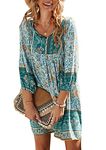 YMING Ladies Long Sleeve V Neck Dress Boho Floral Flowy Dresses V Neck Beach Swing Sundress Blue XL