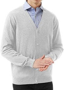 QUALFORT Mens Cardigan Sweater 100% Cotton Pockets Casual Slim Fit V-Neck Knitted Sweaters Button up Light Grey Medium