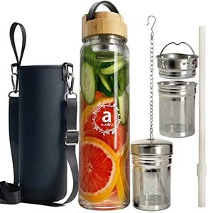 ameiin 32oz Borosilicate Glass Water Bottle with Bamboo Lid and 2 Tea Infuser Sets for Fruit Infused Water and Cold Brew Coffee - Glass Tea Infuser Bottle with Strainer for Loose Leaf Tea