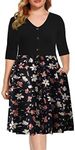 BEDOAR Women's Casual 3/4 Sleeve Fit and Flare Floral Dress Plus Size Button Down Vintage Swing Midi Dress with Pockets(B004Black+Floral, 16W)