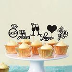 Blumomon 24Pcs He Asked She Said Yes Cupcake Toppers Black Glitter Love Heart I Do Ring Cupcake Food Picks for Wedding Engagement Bridal Shower Party Cake Decorations Supplies