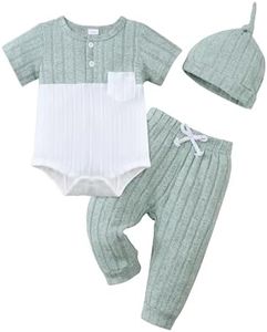 Renotemy Newborn Boy Essentials Spring Summer Clothes Gifts Casual Green Short Sleeve Button Rompers Infant Baby Boys Pocket Color Block Bodysuit Elastic Waist Long Pants 3 Piece Outfits Set with Hat