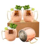 BOLD & DIVINE Copper Plated Moscow Mule Mugs Set of 4 | 18 Oz Hammered Copper Cups with Stainless Steel Lining Gold & Brass Handles | Perfect for Bars, Parties & Gifts