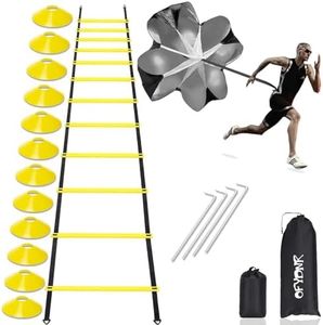 OFYDNR Speed Agility Ladder Training Set - 12 Rung 20Ft Agility Ladder, 12 Disc Cones, 4 Steel Stakes, Resistance Parachute with Carry Bag for Soccer Basketball Football Boxing Footwork Sports