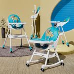 TONY STARK LATEST 2024 Model, Reclining Baby High Chair foldable, Dual Dining Detachable Food Tray, Height Adjustable Feeding Seat, Five Point Safety Belt, Upgraded Version with Wheels and PU Cushion Pad, Easy to Clean for Baby, Kids, Toddler (Ocean Blue Color with ROCKING ATTACHMENT)