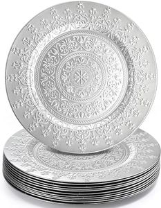 Youeon 12 Pack Silver Charger Plates, 13 Inch Plastic Chargers for Dinner Plates, Floral Pattern Decorative Plates for Table Setting, Party, Wedding, Catering Event, Christmas