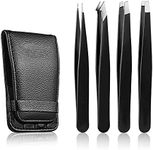 Eyebrow Tweezers Set - 4 Piece Stainless Steel Professional Tweezers for Eyebrows Facial Hair & Ingrown Hair Removal Splinter & Tick Remover False Eyelashes Tools for Men and Women (Black)