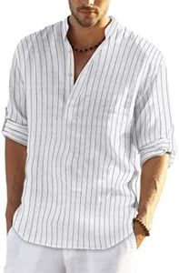 COOFANDY Men's Cotton Linen Henley Shirt Long Sleeve Hippie Casual Beach T Shirts White Striped