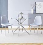 Hallowood Furniture Cullompton Small Glass Dining Table and Chairs Set 2, Round Dining Table (90cm) and Grey Fabric Chairs, Kitchen Table and Chairs, Dining Room Sets for Home and Cafe