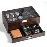 Watch Box Organizer Wooden Men Jewelry Display Case Holder with Drawer for Men Accessory Storage, Real Glass Top,Christmas Gift for Men