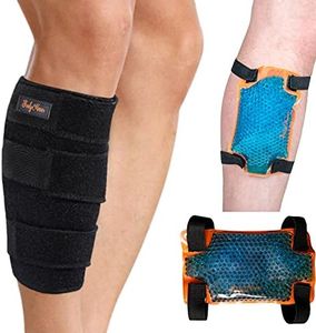 BodyMoves Calf Brace Plus Hot and Cold Gel Pack for Torn Muscle Strain Wrap Support for Shin Splints Lower Leg Compression Sleeve Injury Tear, Red