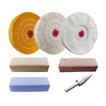 PURUI 7PC 4 Inch Buffing Wheel Kit for Drill or Mini Bench Grinder-Includes 3PC Buffing Wheels with Shellac Pin-Hole Center-3PC 100g Bar Brown, Blue, Rouge Polishing Compound-1PC 1/4" Drill Adapter