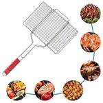 Freshome Extra Large 70 x 43 x 2.5 cm Mild Steel Portable Barbecue BBQ Grill Net Basket Roast Grilling Tray Plated with Wooden Handle for Barbecue, Roasting, Camping, Outdoor Cooking, Fish, Meat, Vegetables