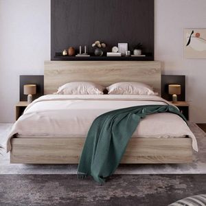 KOMHTOM Lit Double avec Sommier à Lattes, Lit 2 Personnes en Bois avec 2 Tables de Nuit, Cadre de Lit Plateforme pour Adultes, Adolescents(sans Matelas) (160 x 200cm)