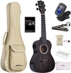 ADM Concert Ukulele Beginner Kit Mahogany Hawaiian Wood 23 Inch Ukelele Bundle Ukalalee Set with Uke Free Starter Lessons for kids Students and Adults, Black